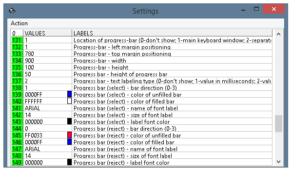 The settings window of the program, parameters 131-149