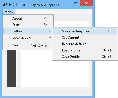 'Settings' submenu